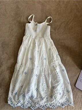 Abercrombie & Fitch White Cotton Smocked Sundress with Blue Embroidery